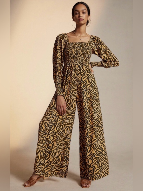 Kachel Pants - Kachel x Anthropologie Tiger-Striped Jumpsuit Wide Leg Smocked Animal Artsy 10